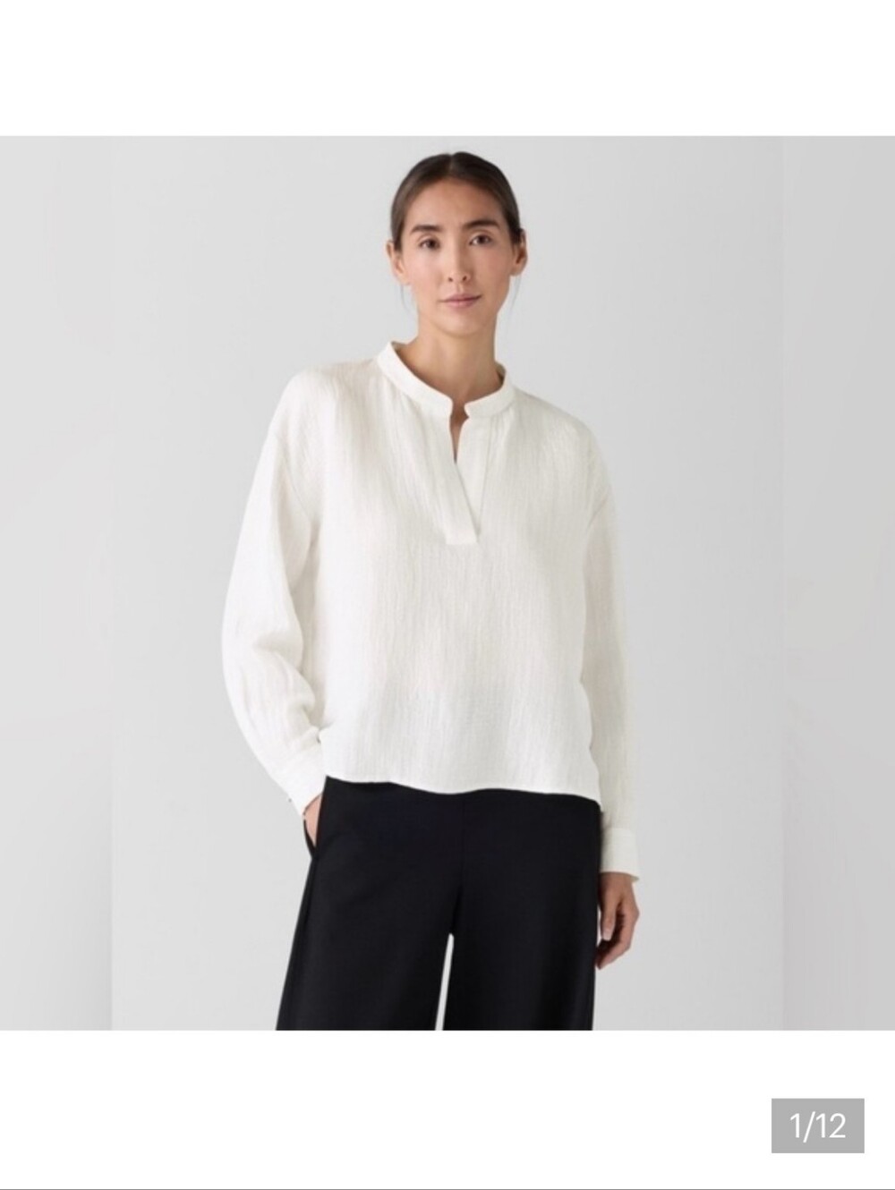Eileen Fisher Red Silk-Linen Boxy Band Collar Top